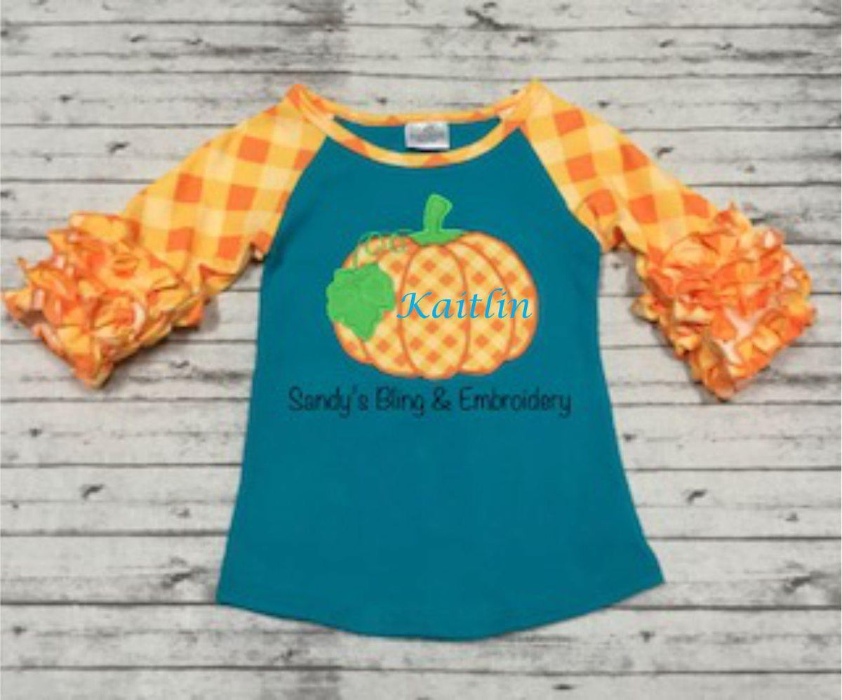Girl's Ruffled Sleeve Appliqued pumpkin raglan shirt - Sandy's Bling & Embroidery