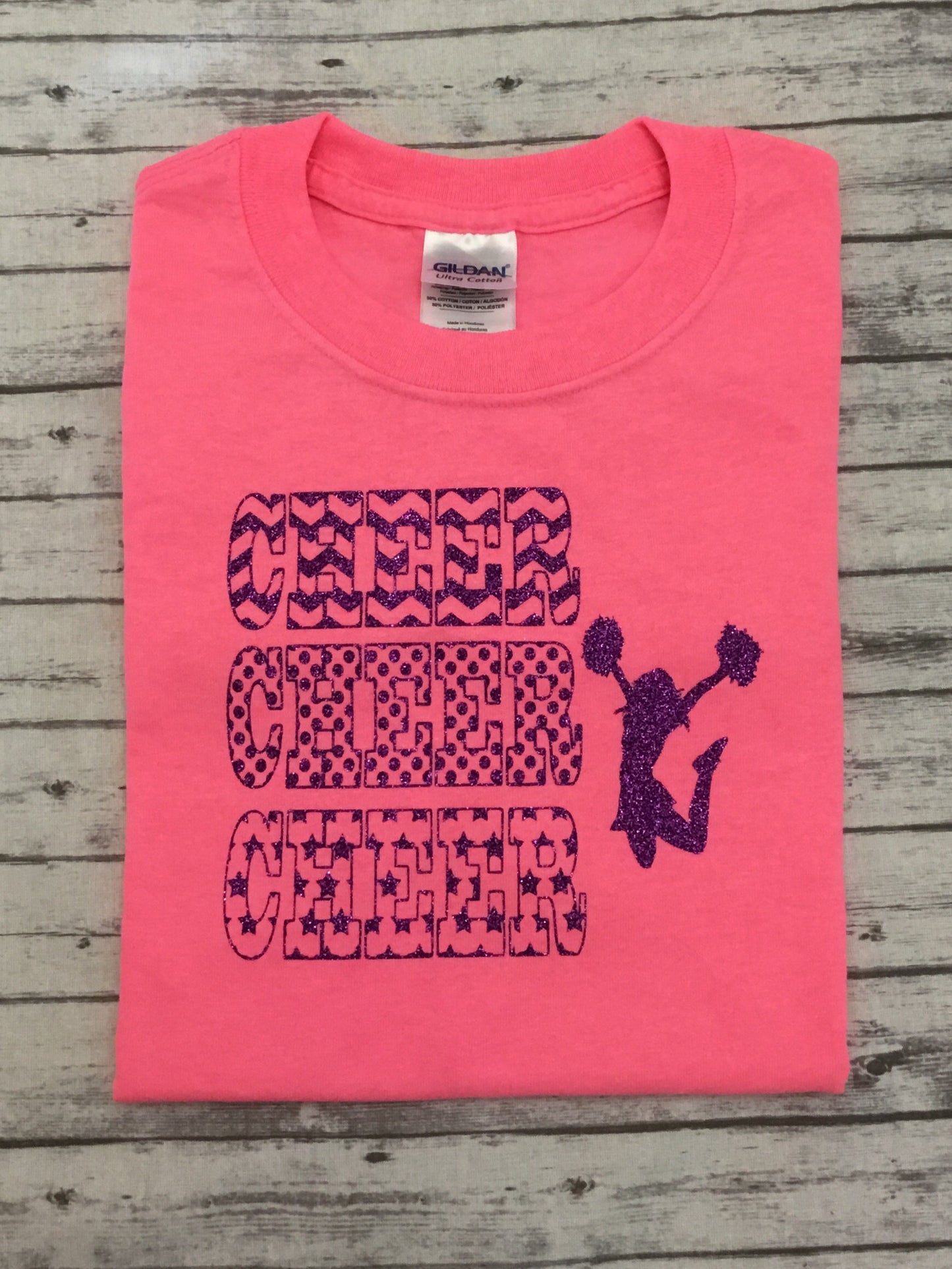 Neon Pink CHEER CHEER CHEER with cheerleader T-shirt with Purple Glitter Vinyl - Sandy's Bling & Embroidery