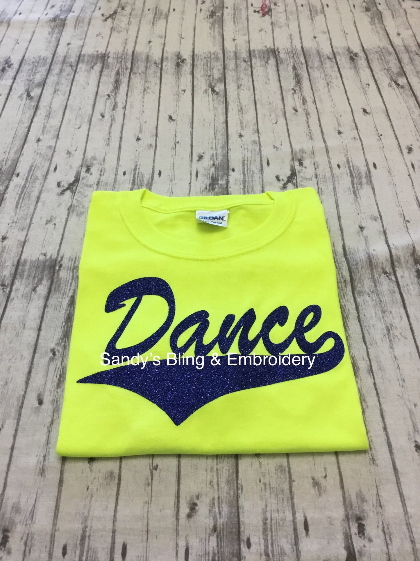 Neon Yellow Dance T-shirt with Royal Blue Glitter Vinyl - Sandy's Bling & Embroidery