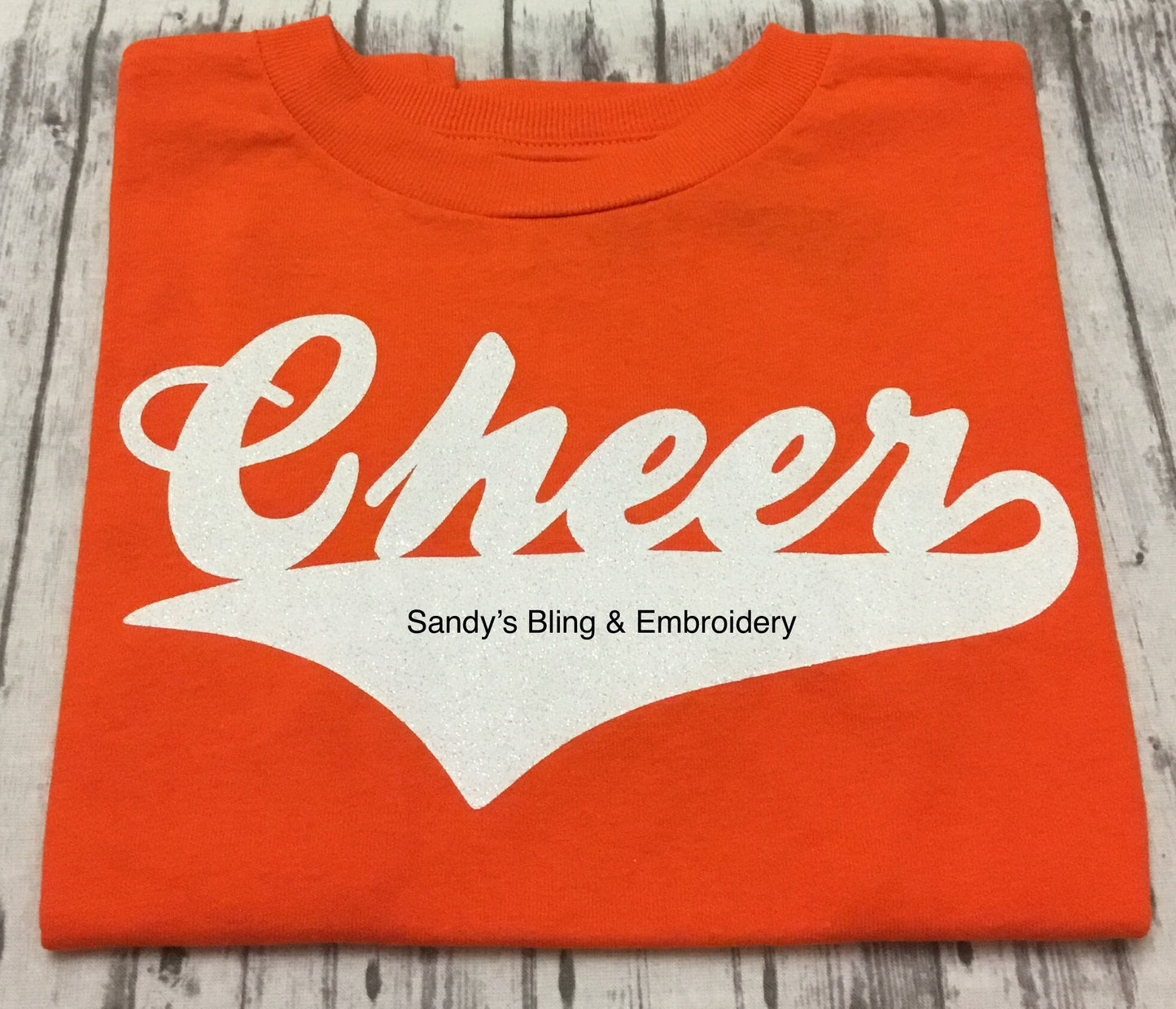 Orange Cheer T-Shirt with White Glitter Vinyl - Sandy's Bling & Embroidery