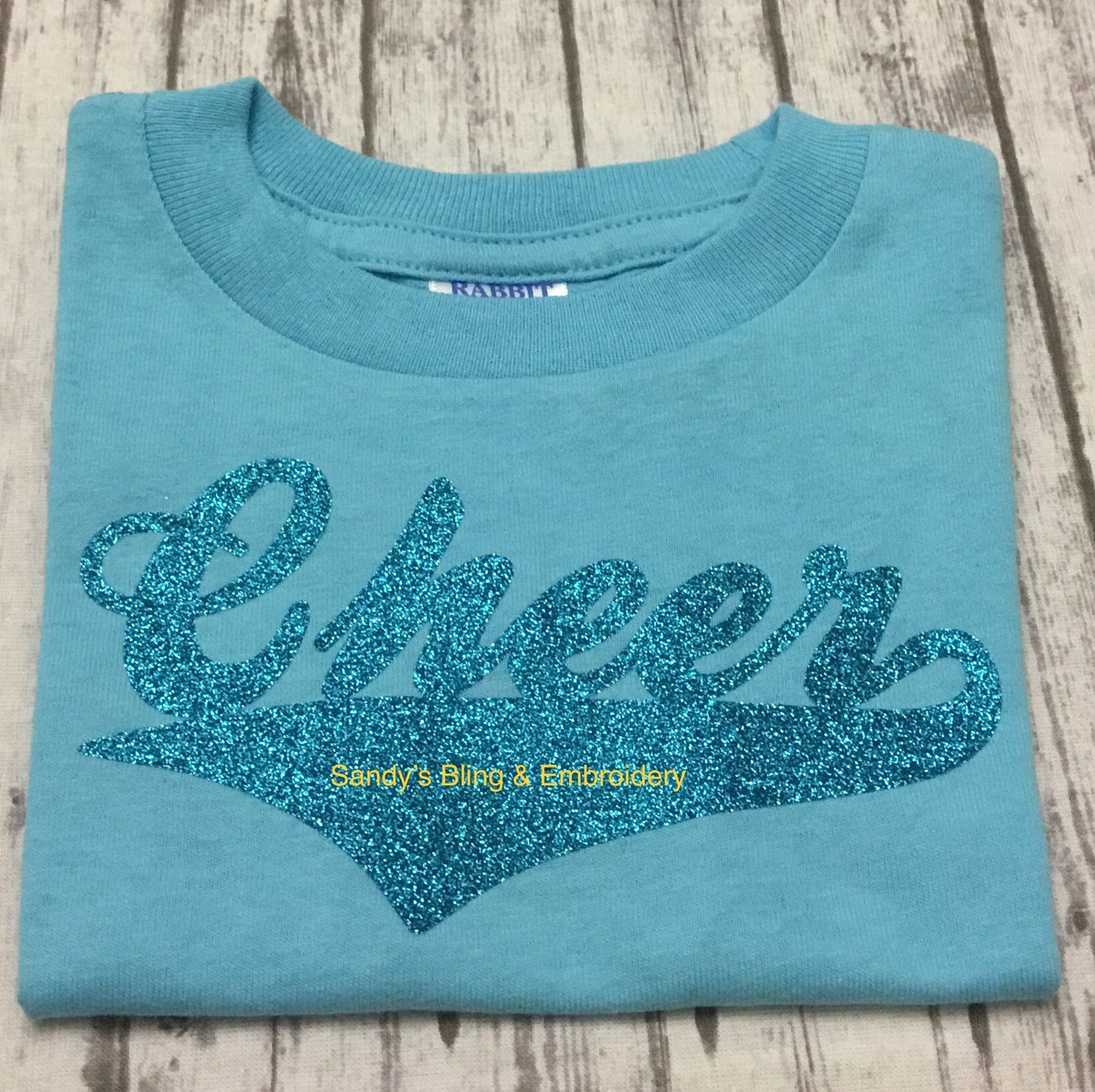 Toddler Aqua Cheer T-shirt with Aqua Glitter Vinyl - Sandy's Bling & Embroidery
