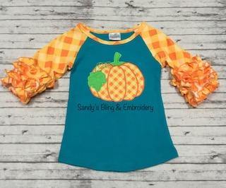 Girl's Ruffled Sleeve Appliqued pumpkin raglan shirt - Sandy's Bling & Embroidery