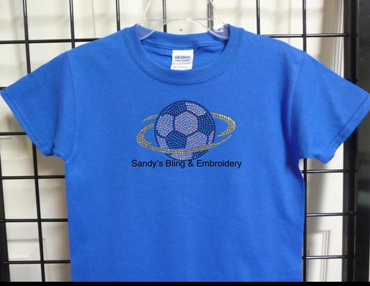 Youth XSmall Royal Blue Soccer Ball Swoosh Rhinestone T-shirt - Sandy's Bling & Embroidery