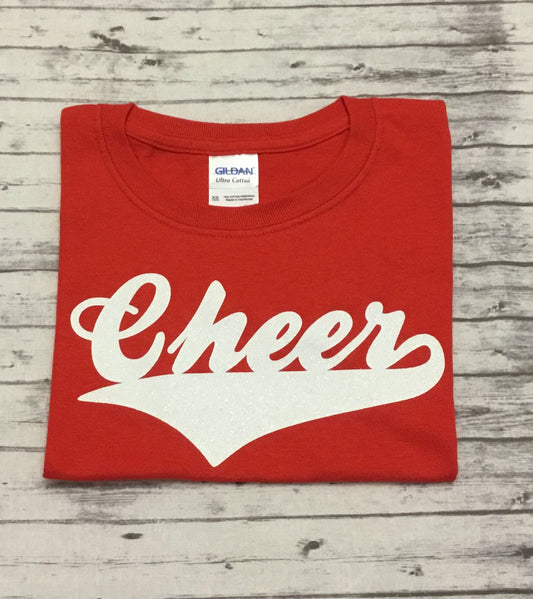 Red Cheer T-shirt with White Glitter Vinyl - Sandy's Bling & Embroidery