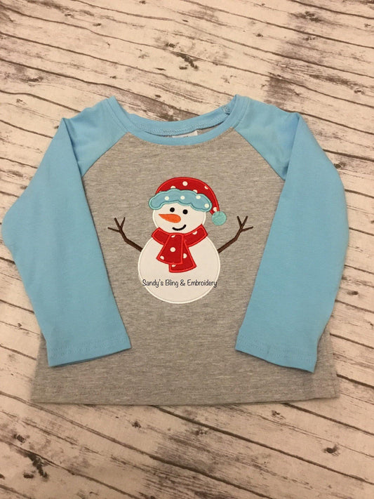 Blue and Gray Baseball shirt with Embroidered Snowman - Sandy's Bling & Embroidery