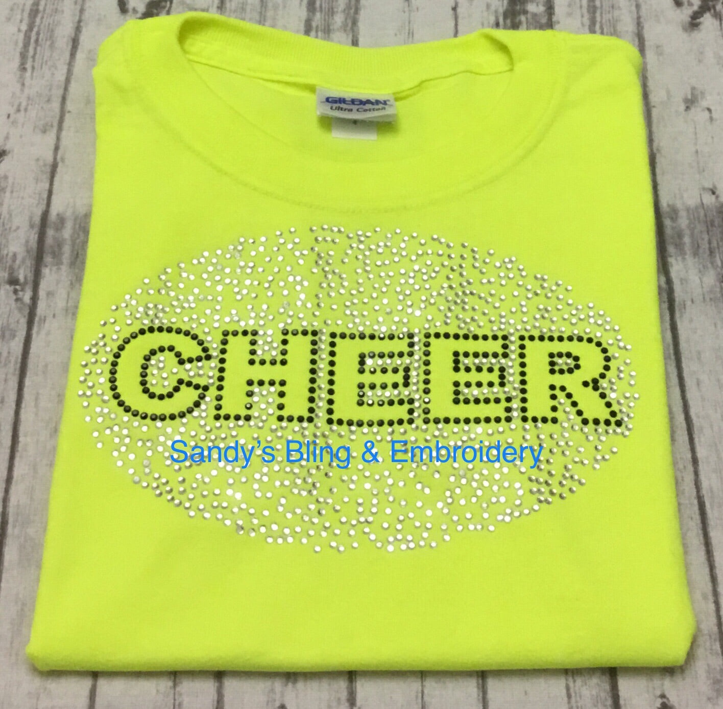 Neon Yellow Cheer Scatter Rhinestone T-shirt - Sandy's Bling & Embroidery