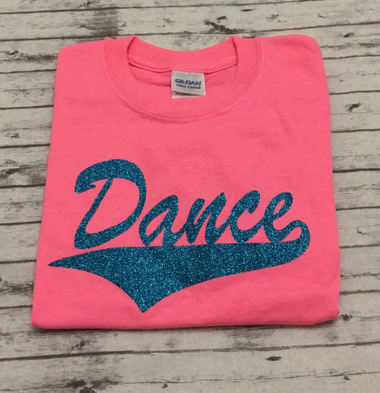 Neon Pink Dance T-shirt with Aqua Glitter Vinyl - Sandy's Bling & Embroidery