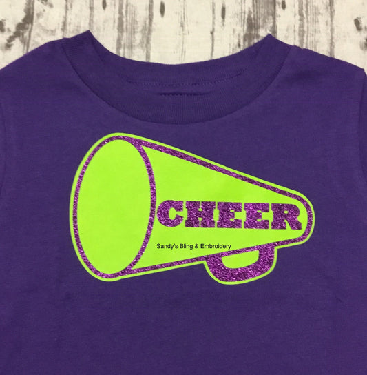 Toddler Purple Cheer Megaphone T-shirt with Lime & Purple Vinyl - Sandy's Bling & Embroidery