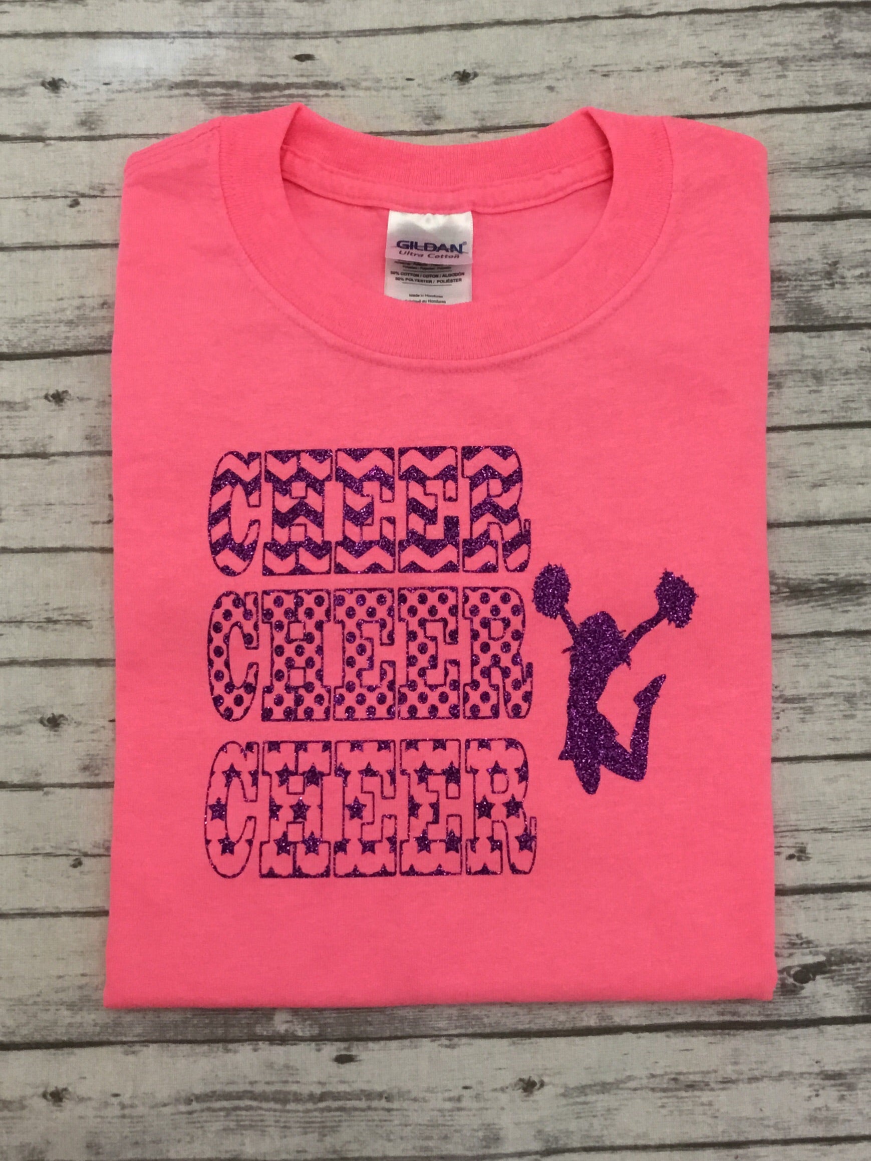 Neon Pink CHEER CHEER CHEER with cheerleader  T-shirt with Purple Glitter Vinyl - Sandy's Bling & Embroidery