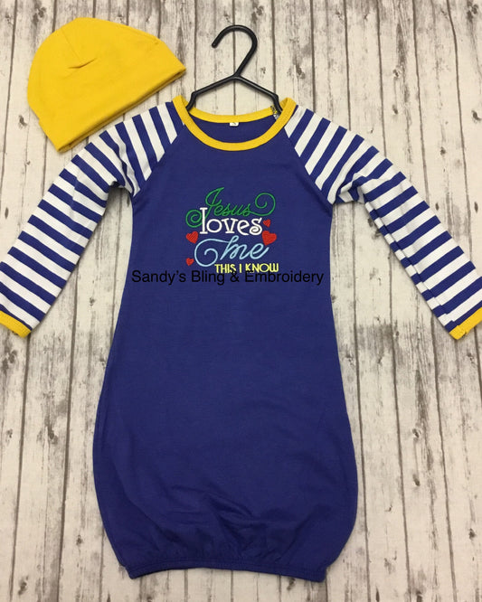 Jesus Loves Me Royal Blue Embroidered Baby Gown & Hat - Small 0-6 months - Sandy's Bling & Embroidery