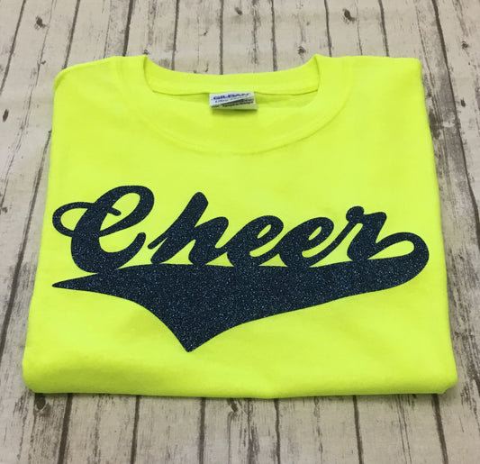 Neon Yellow Cheer T-shirt with Sapphire Glitter Vinyl - Sandy's Bling & Embroidery