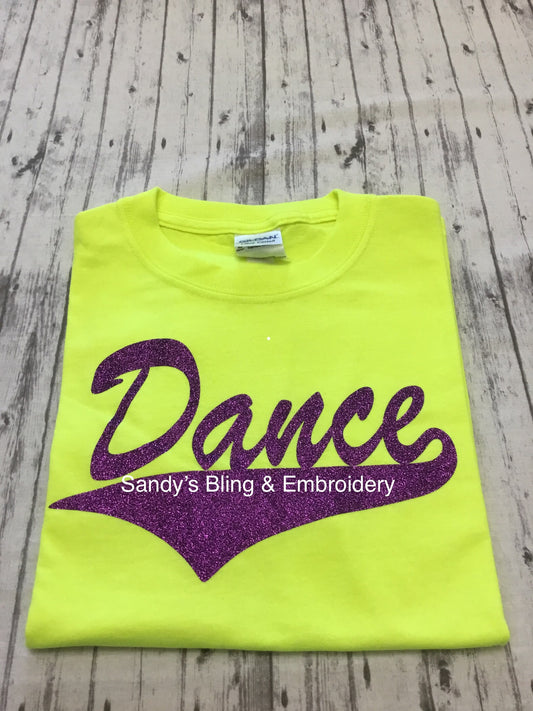 Neon Yellow Dance T-shirt with Purple Glitter Vinyl - Sandy's Bling & Embroidery