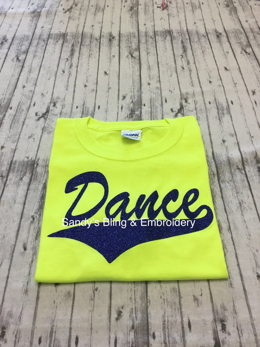 Neon Yellow Dance T-shirt with  Royal Blue Glitter Vinyl - Sandy's Bling & Embroidery