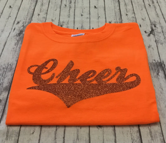 Neon Orange Cheer T-shirt with Copper Glitter Vinyl - Sandy's Bling & Embroidery