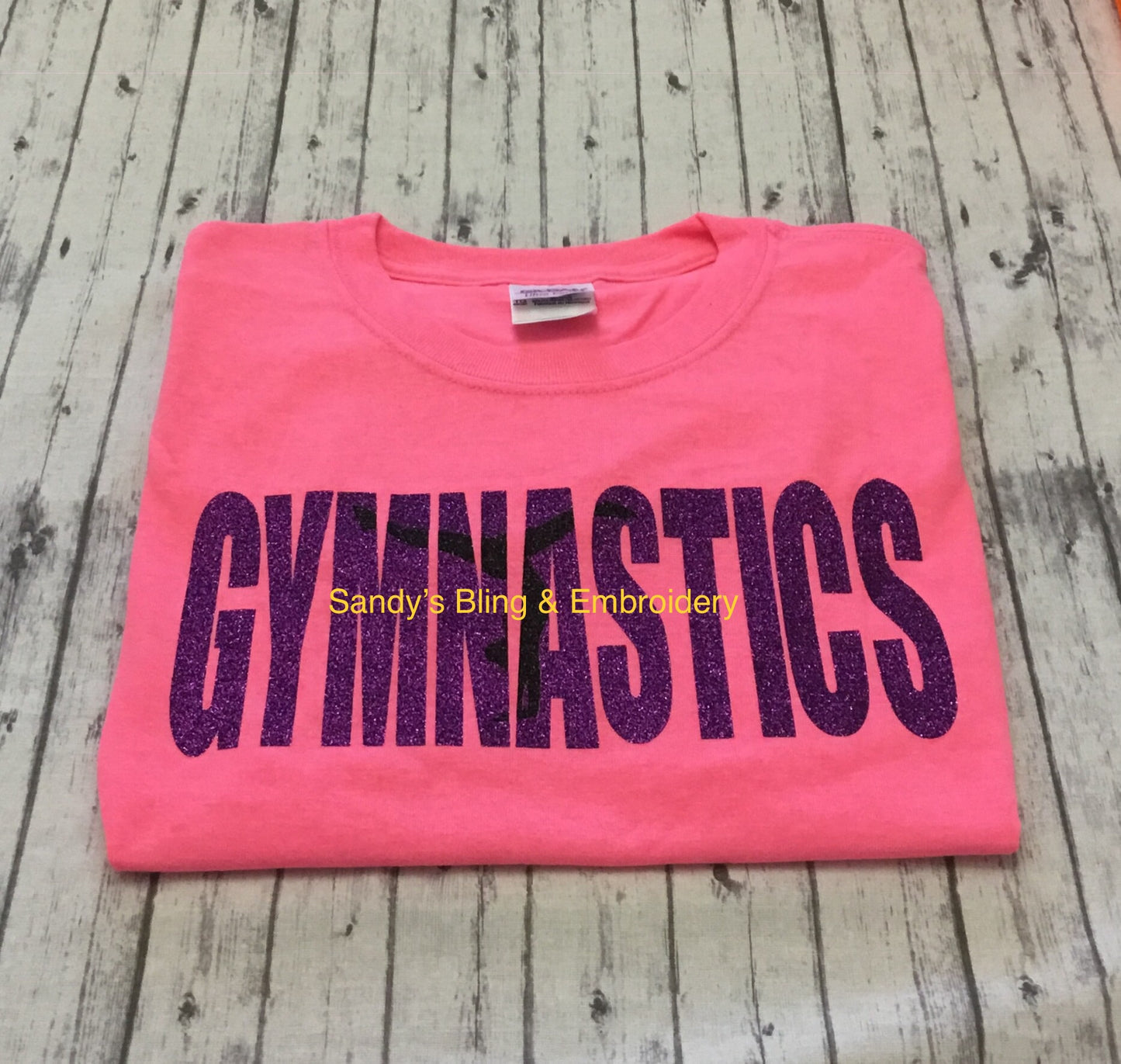 Neon Pink Gymnastics Knockout T-shirt in Purple Glitter Vinyl - Sandy's Bling & Embroidery