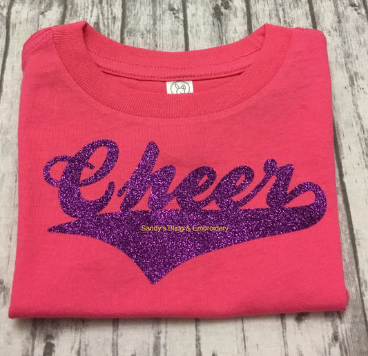 Toddler Hot Pink Cheer T-shirt with Purple Glitter Vinyl - Sandy's Bling & Embroidery