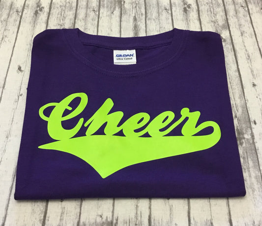 Purple Cheer T-shirt with Lime Vinyl - Sandy's Bling & Embroidery