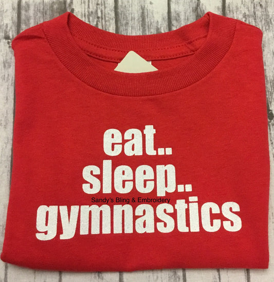 Toddler Red Eat Sleep Gymnastics T-shirt with White Glitter Vinyl - Sandy's Bling & Embroidery