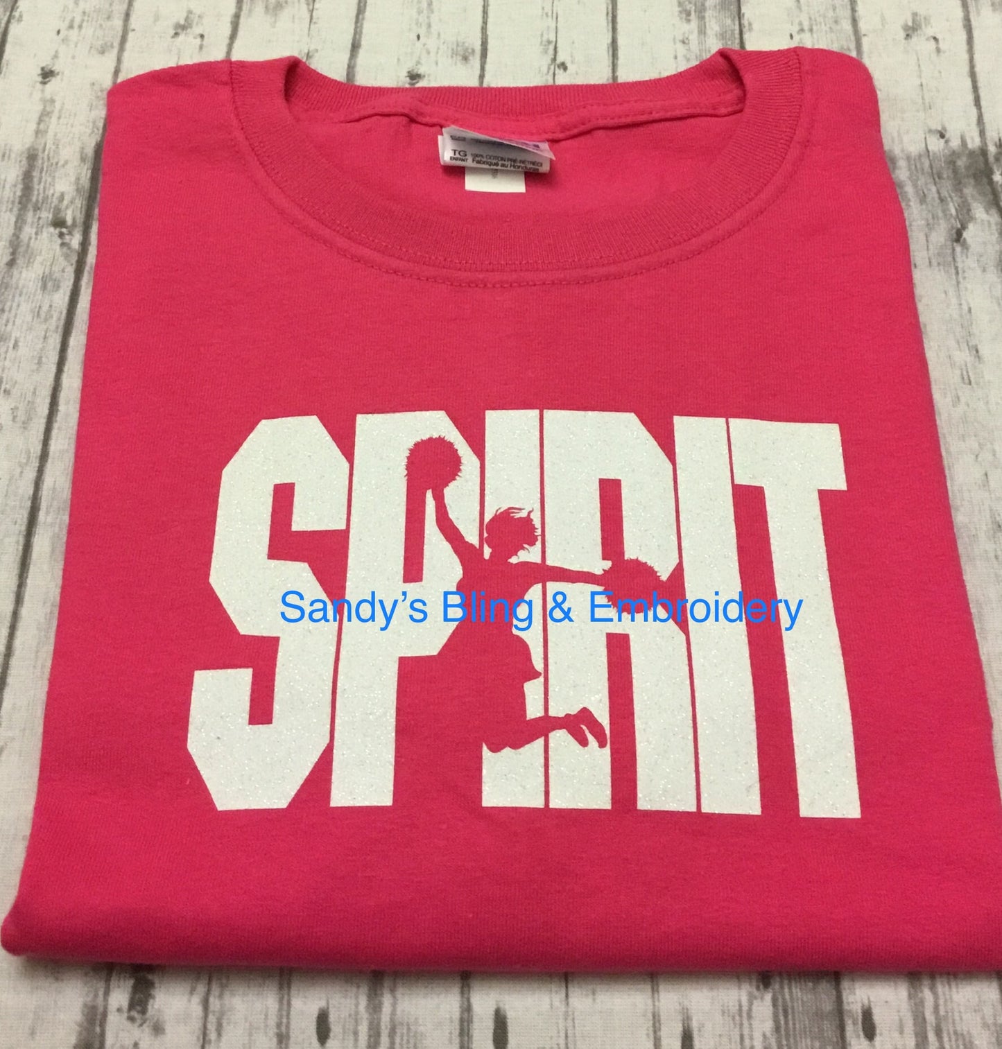 Hot Pink Spirit Cheerleader T-shirt with White Glitter Vinyl - Sandy's Bling & Embroidery