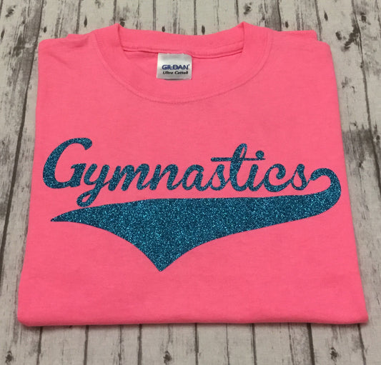 Neon Pink Gymnastics T-shirt with Aqua Glitter Vinyl - Sandy's Bling & Embroidery