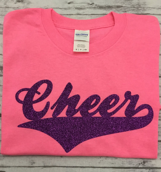 Neon Pink Cheer T-shirt with Purple Glitter Vinyl - Sandy's Bling & Embroidery