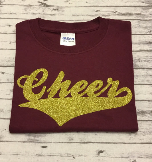 Maroon Cheer T-Shirt with Gold Glitter Vinyl - Sandy's Bling & Embroidery