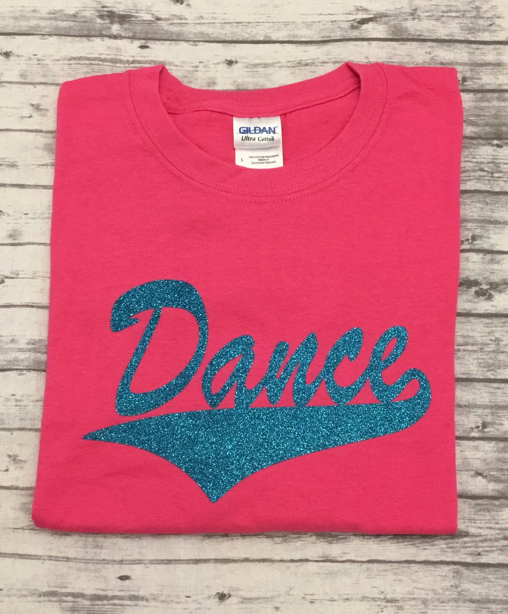 Hot Pink Dance T-shirt with Aqua Glitter Vinyl - Sandy's Bling & Embroidery