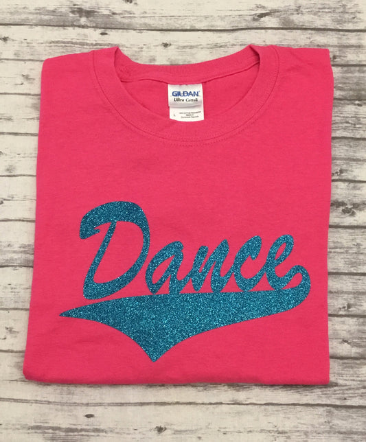 Hot Pink Dance T-shirt with Aqua Glitter Vinyl - Sandy's Bling & Embroidery