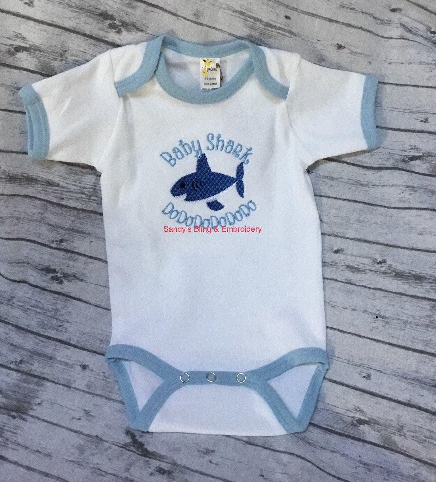 Baby Shark Embroidered Blue & White Onesie 3-6 months - Sandy's Bling & Embroidery