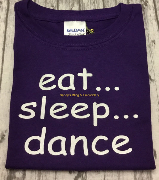 Youth Purple Eat Sleep Dance T-shirt with White Glitter Vinyl - Sandy's Bling & Embroidery