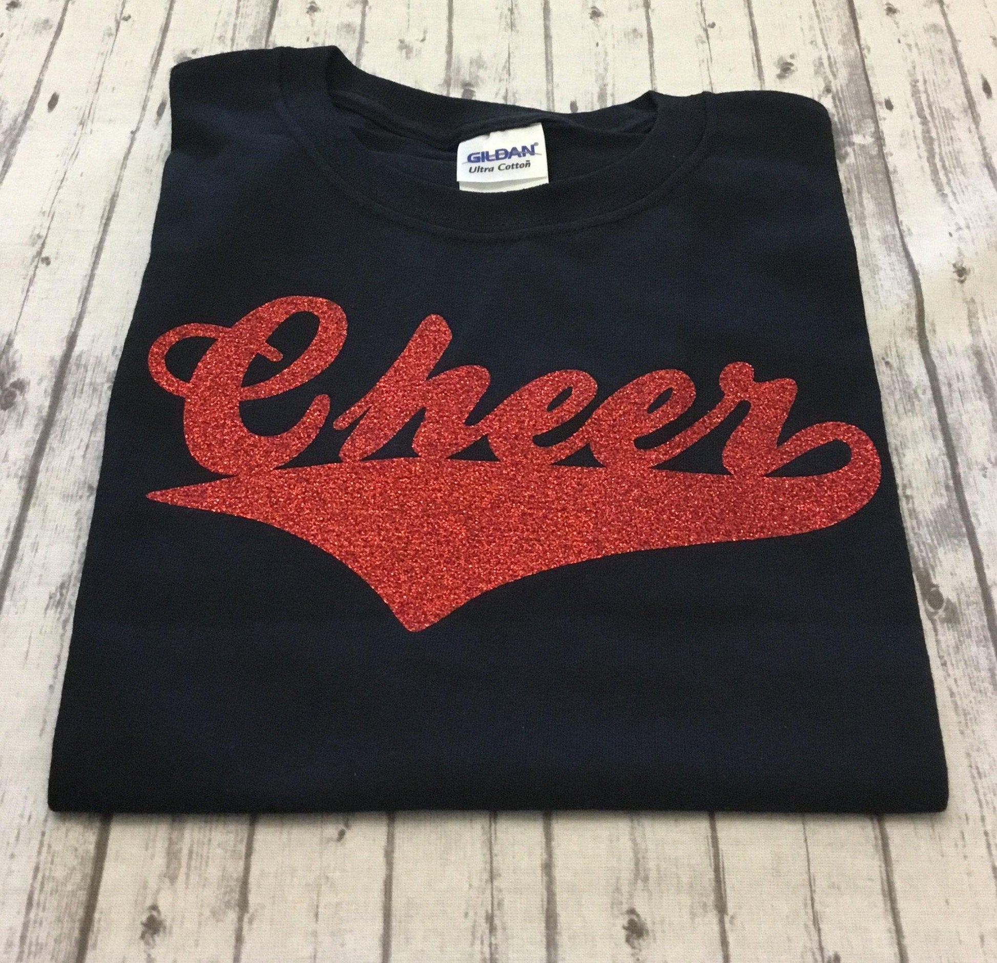 Black Cheer T-Shirt with Red Glitter Vinyl - Sandy's Bling & Embroidery