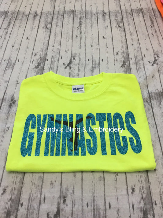 Neon Yellow Gymnastics Knockout T-shirt in Aqua Glitter Vinyl - Sandy's Bling & Embroidery