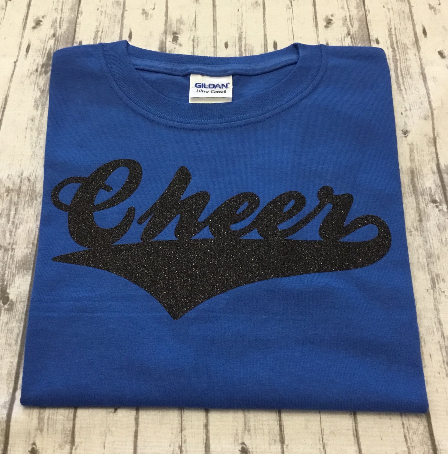 Royal Blue Cheer T-Shirt with Black Glitter Vinyl - Sandy's Bling & Embroidery