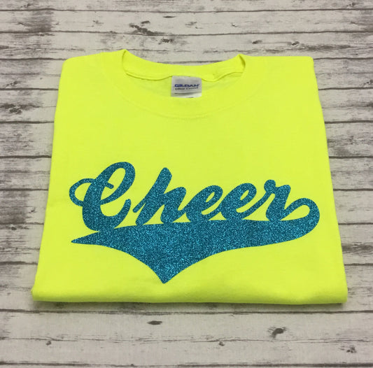 Neon Yellow Cheer T-shirt with Aqua Glitter Vinyl - Sandy's Bling & Embroidery