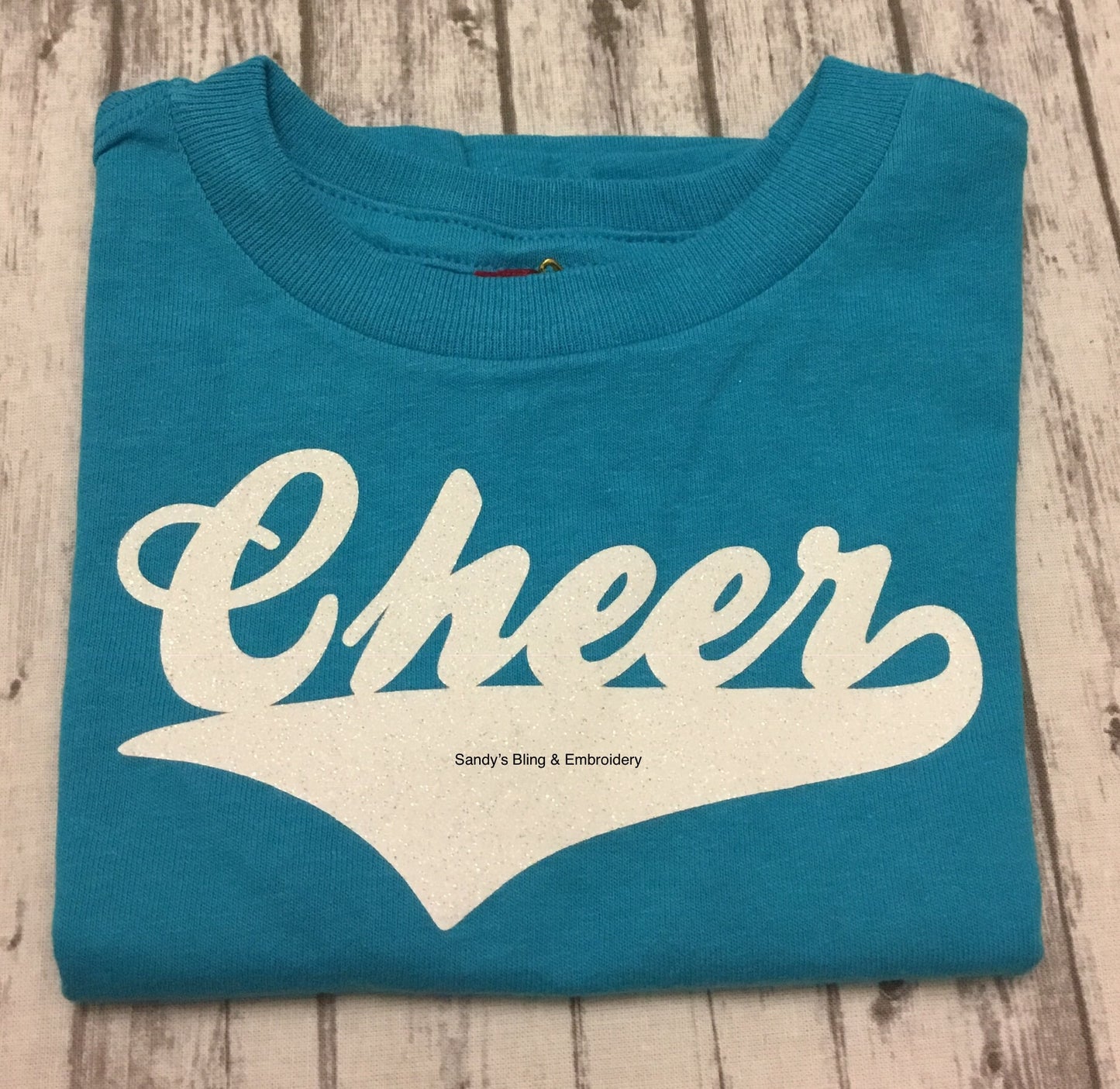 Toddler Turquoise Cheer T-shirt with White Glitter Vinyl - Sandy's Bling & Embroidery