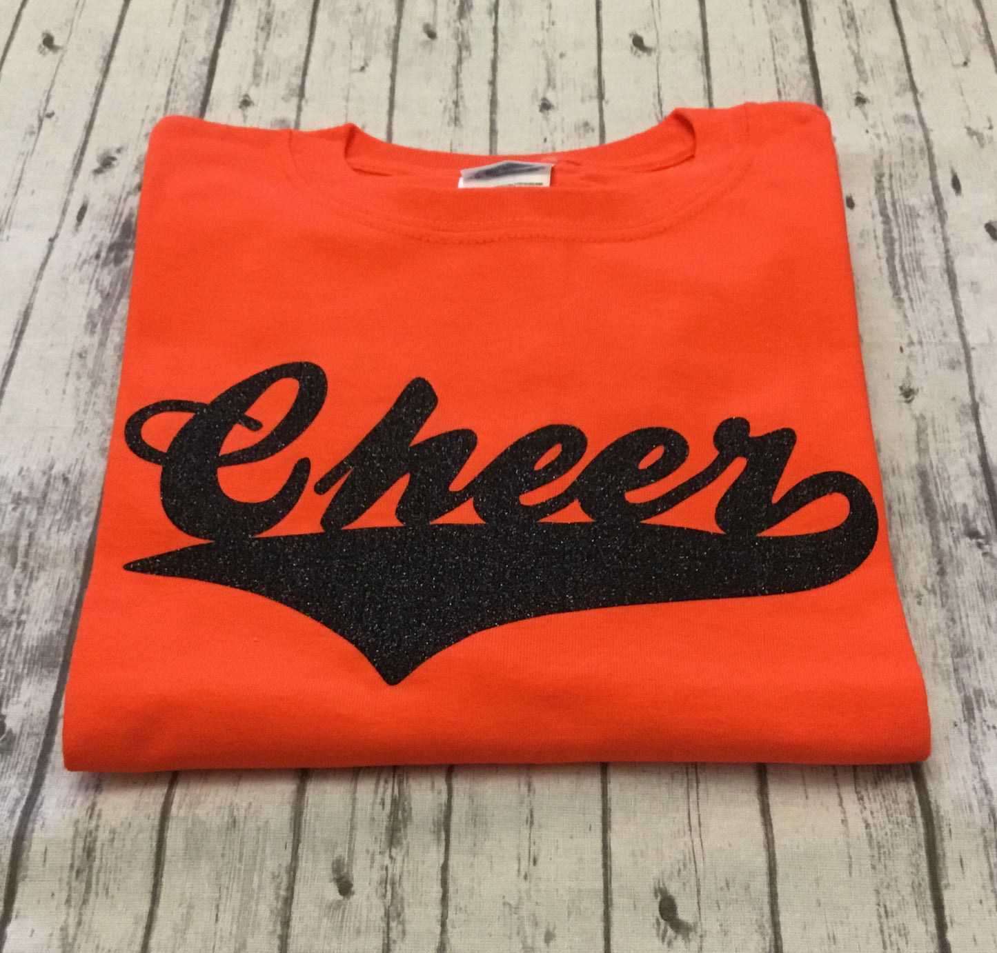 Orange Cheer T-Shirt with Black Glitter Vinyl - Sandy's Bling & Embroidery