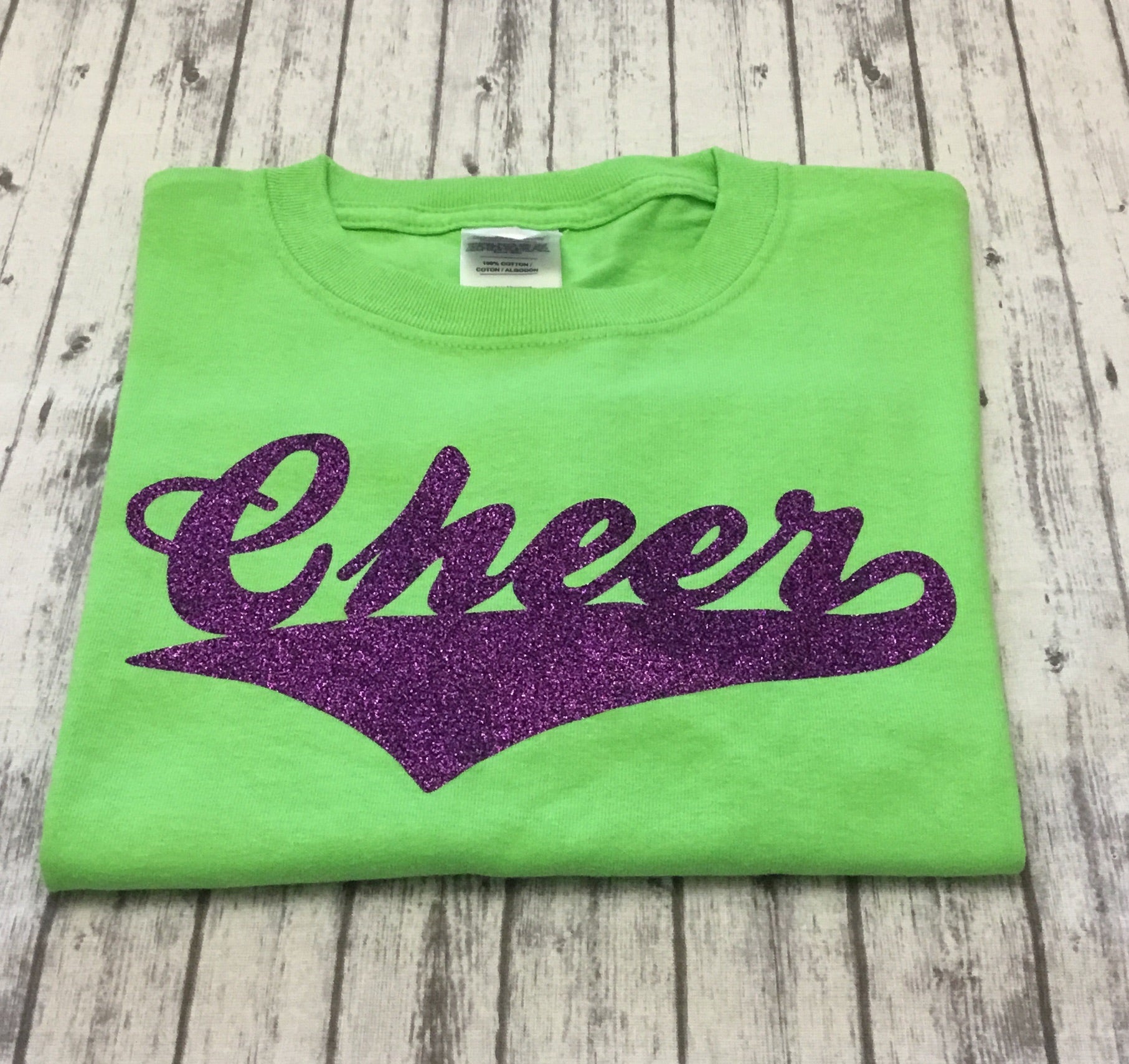 Lime Cheer T-shirt with Purple Glitter Vinyl - Sandy's Bling & Embroidery